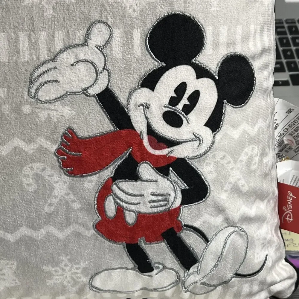 Disney Holiday Decor Pillow Mickey Mouse Poly Velvet Plush Scarf Snowflake New